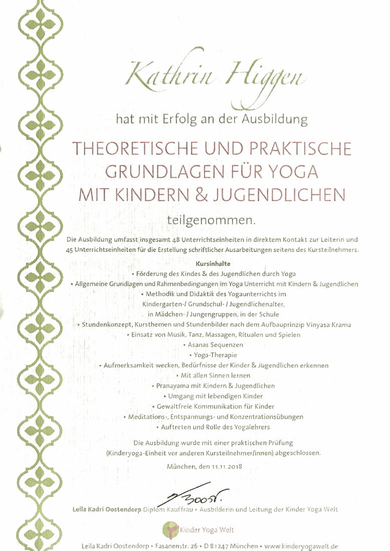 Kathrins Kinder- und Jugendyoga-Zertifikat, 93 Unterrichtseinheiten
